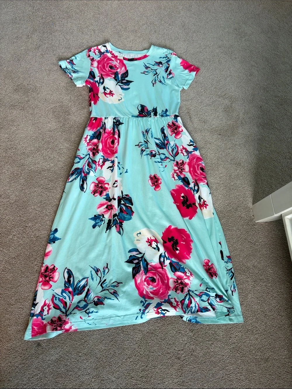 Girls' Aqua Floral Maxi Dress with Pink Blooms